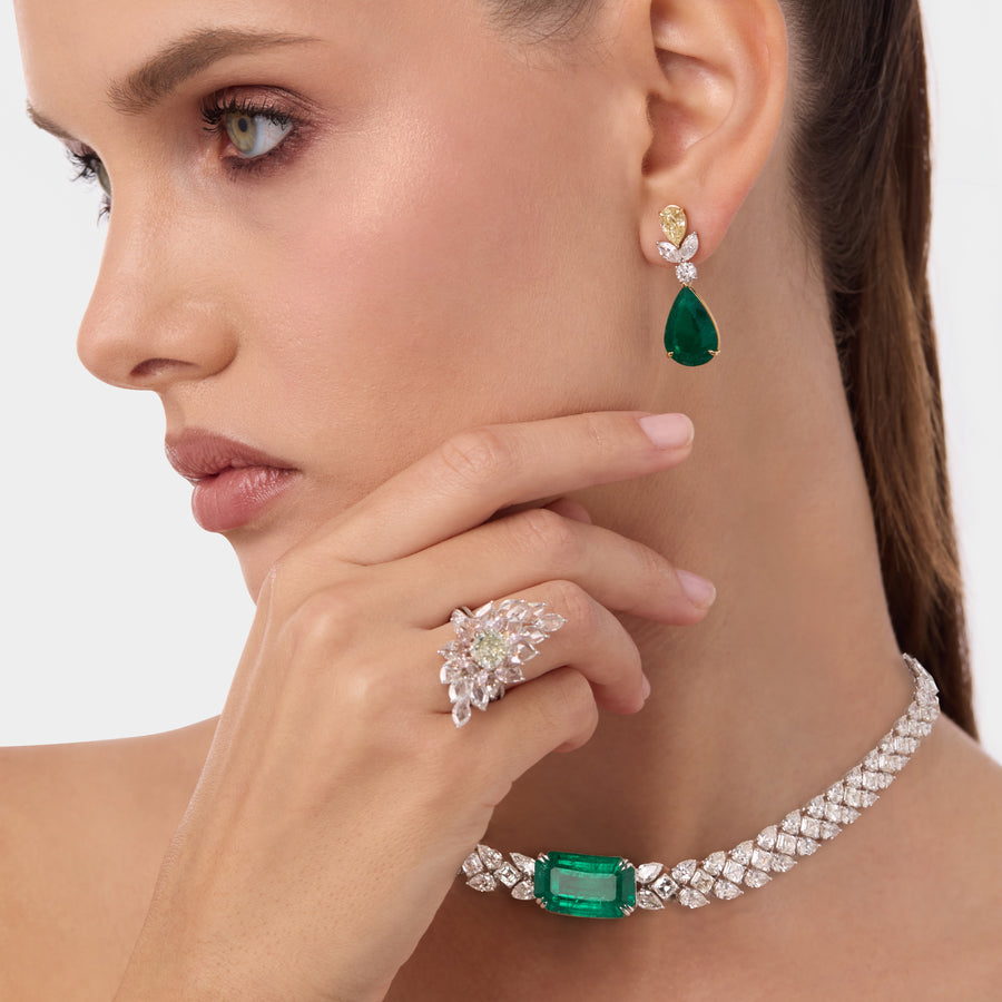 18K Pear Emerald Diamond Earrings